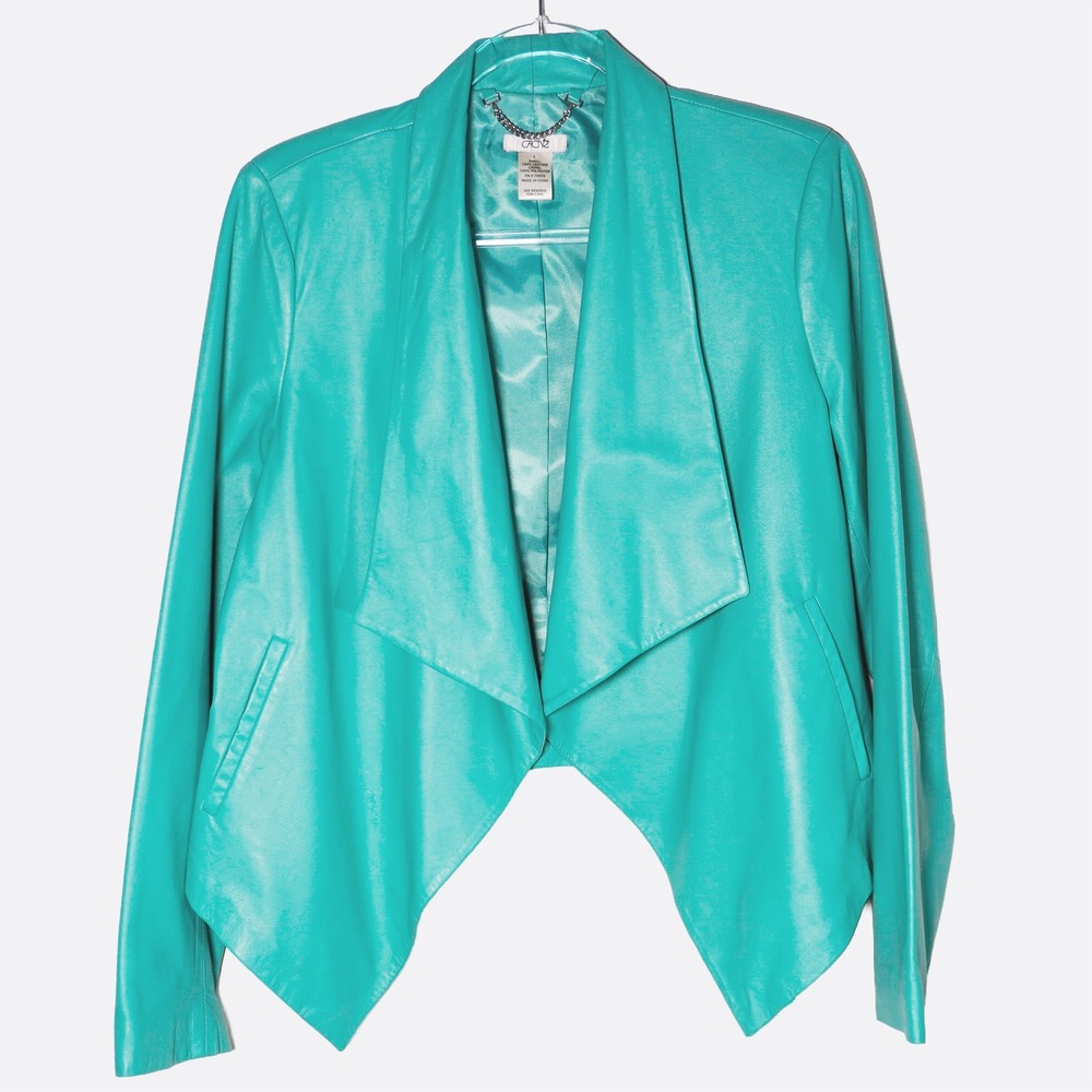 Cache 100% Leather Aqua Turquoise Waterfall Jacket Open Blazer Designer 0X Large - Picture 2 of 8